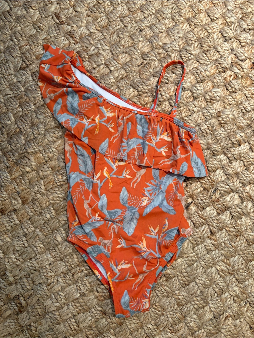 Janie and Jack Orange Tropical One-Shoulder Ruffle Swimsuit